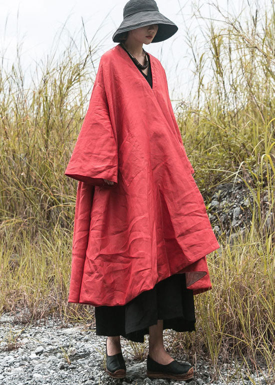 diy Red V Neck Pockets Fine Cotton Filled Loose Winter Coat - Down Jackets - DYAVOR®