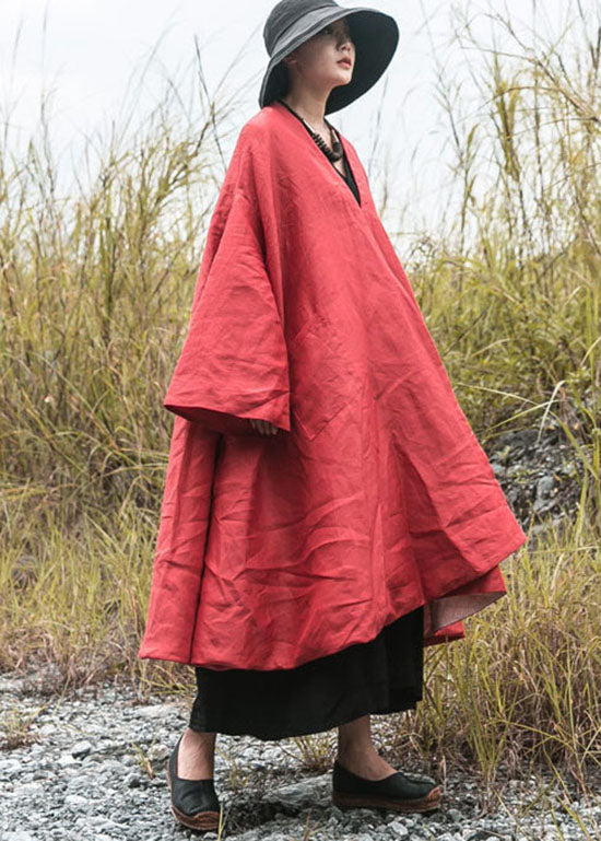 diy Red V Neck Pockets Fine Cotton Filled Loose Winter Coat - Down Jackets - DYAVOR®