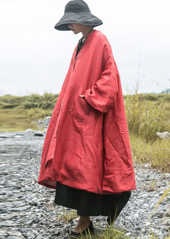 diy Red V Neck Pockets Fine Cotton Filled Loose Winter Coat - Down Jackets - DYAVOR®