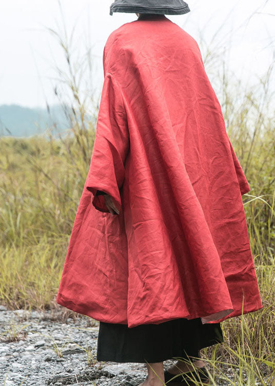 diy Red V Neck Pockets Fine Cotton Filled Loose Winter Coat - Down Jackets - DYAVOR®
