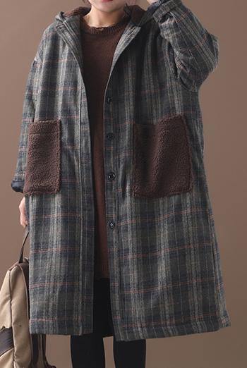 diy patchwork pockets fine hooded maxi coat green plaid tunic jackets - - DYAVOR®