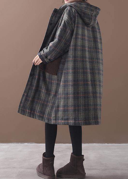 diy patchwork pockets fine hooded maxi coat green plaid tunic jackets - - DYAVOR®