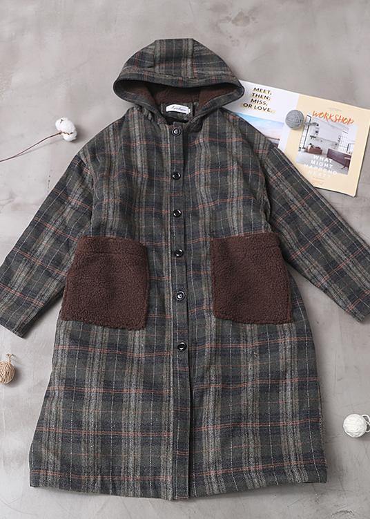 diy patchwork pockets fine hooded maxi coat green plaid tunic jackets - - DYAVOR®