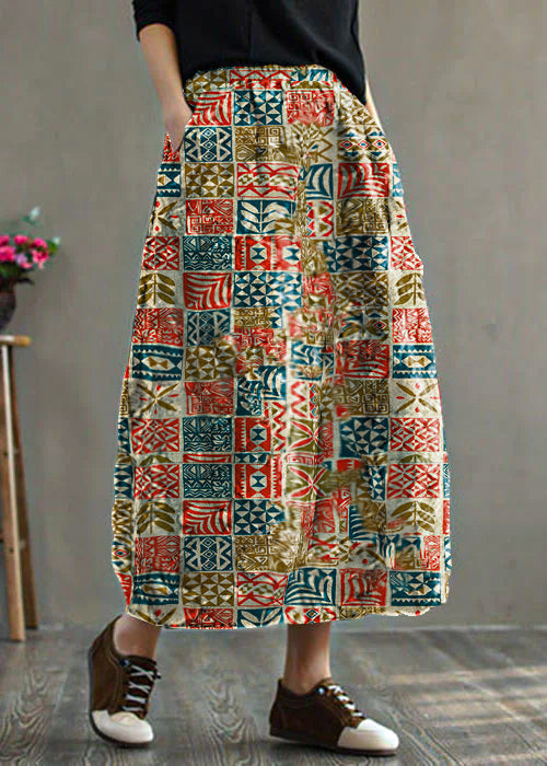 Women Red Elastic Waist Patchwork Print Fine Cotton Filled Skirt Winter - Skirts - DYAVOR®