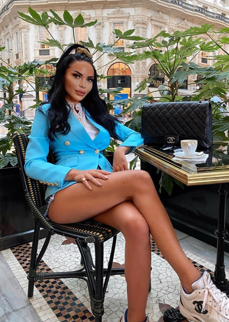 Double-breasted Sky Blue Textured Blazer - - DYAVOR®