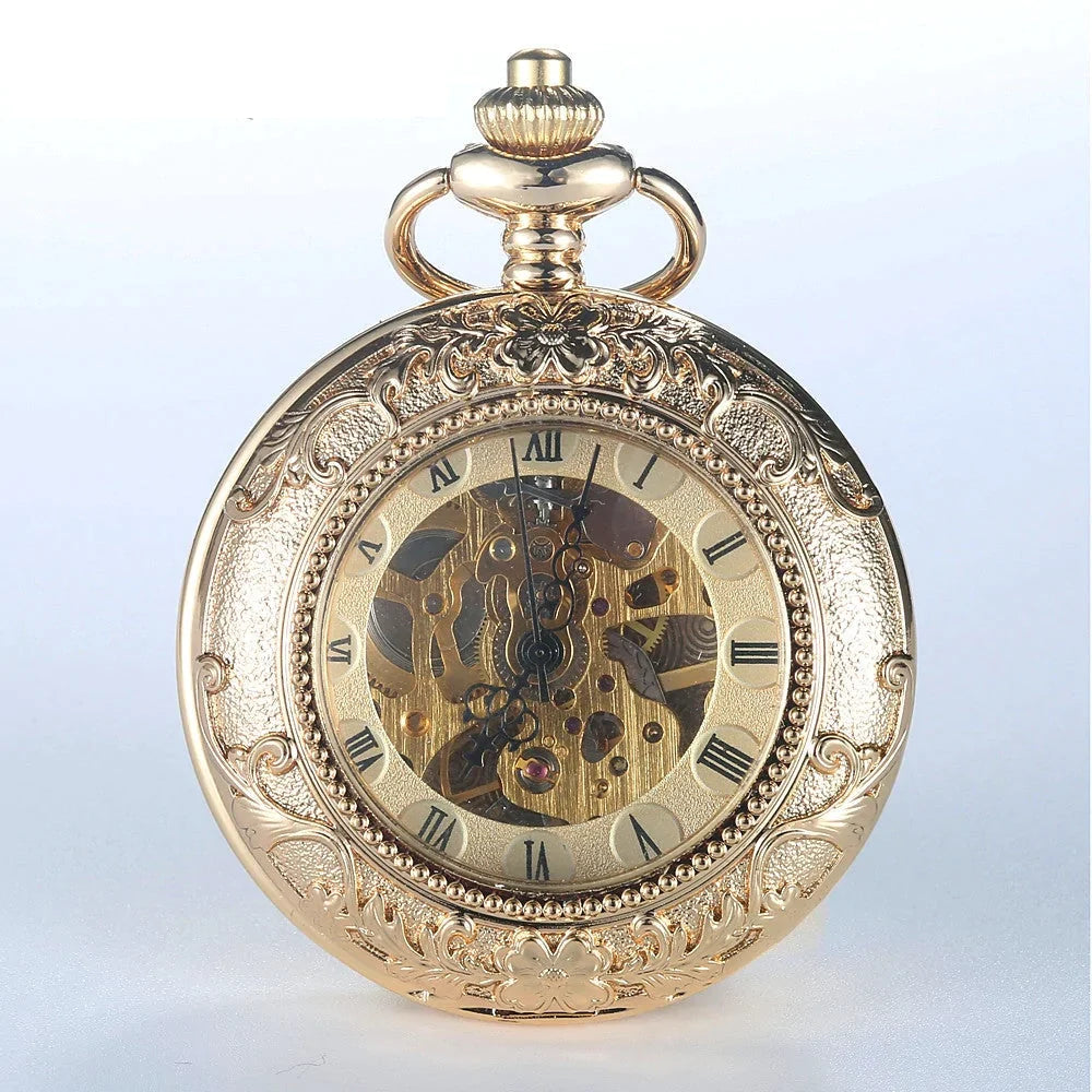 Gold Steel Carving 2 Sides Open Case Roman Dial Mechanical Pocket Watch - Unisex Style Watches - DYAVOR®