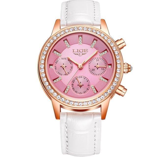 Ladies Casual Leather Quartz Watch with Stainless Steel Round Case - Watches for Women - DYAVOR®