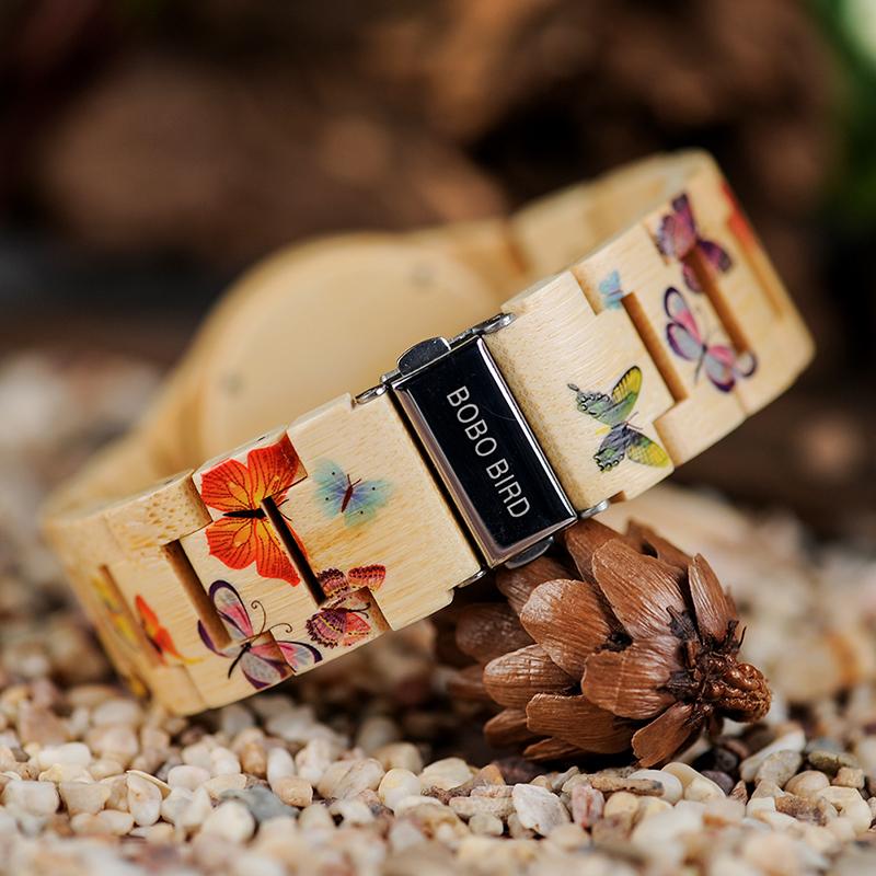 Ladies Wooden Bamboo Band Butterfly Painting Round Quartz Watches - Watches for Women - DYAVOR®