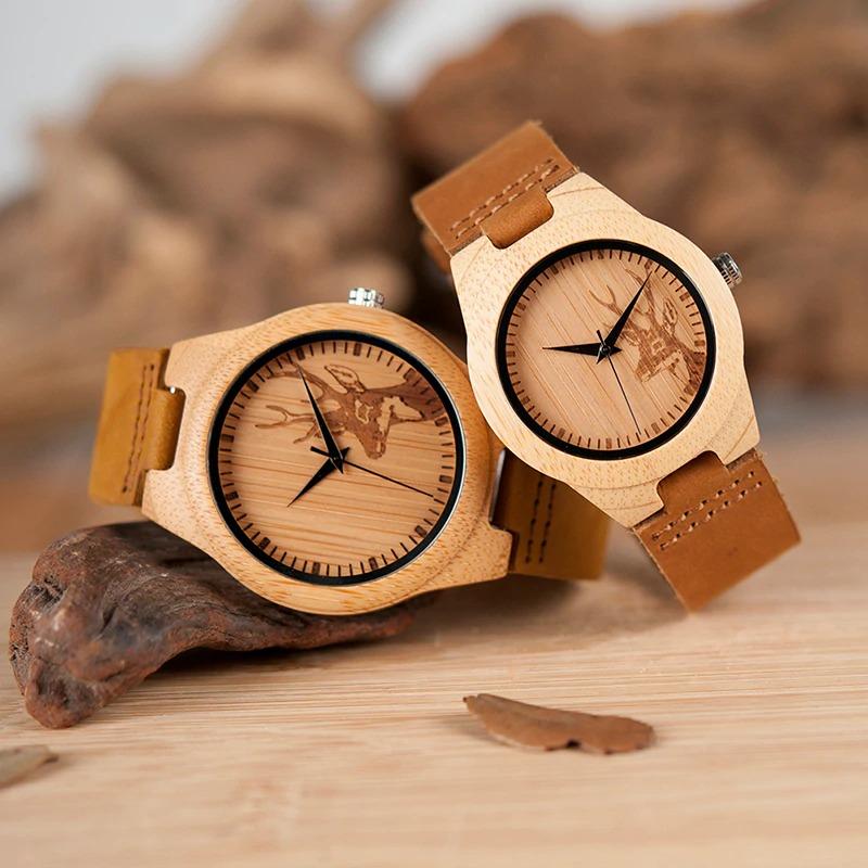 Lovers Elk Deer Head Bamboo Wooden Watch with Genuine Brown Leather Strap - Watches for Women - DYAVOR®