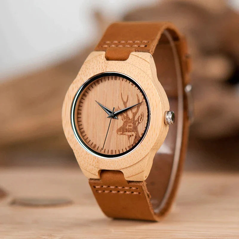 Lovers Elk Deer Head Bamboo Wooden Watch with Genuine Brown Leather Strap - Watches for Women - DYAVOR®