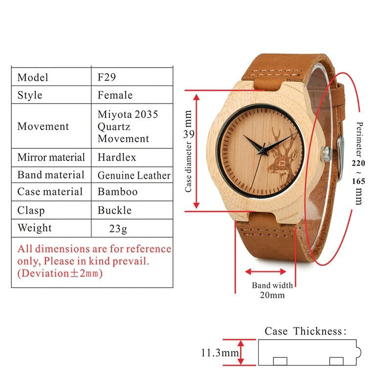 Lovers Elk Deer Head Bamboo Wooden Watch with Genuine Brown Leather Strap - Watches for Women - DYAVOR®