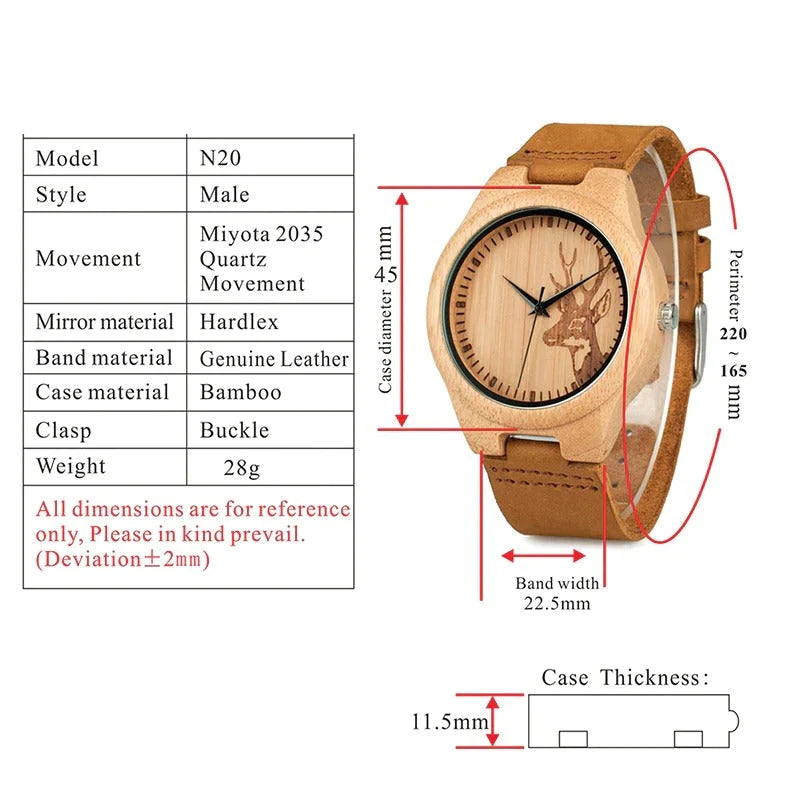 Lovers Elk Deer Head Bamboo Wooden Watch with Genuine Brown Leather Strap - Watches for Women - DYAVOR®