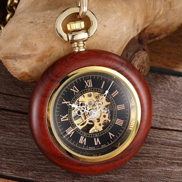 Unisex Vintage Roman Numerals Wood Case Mechanical Pocket Fob Chain Watch - Unisex Style Watches - DYAVOR®
