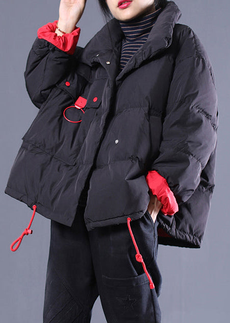 new black plus size clothing stand collar quilted coat Elegant drawstring pockets down coat - - DYAVOR®