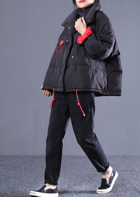new black plus size clothing stand collar quilted coat Elegant drawstring pockets down coat - - DYAVOR®