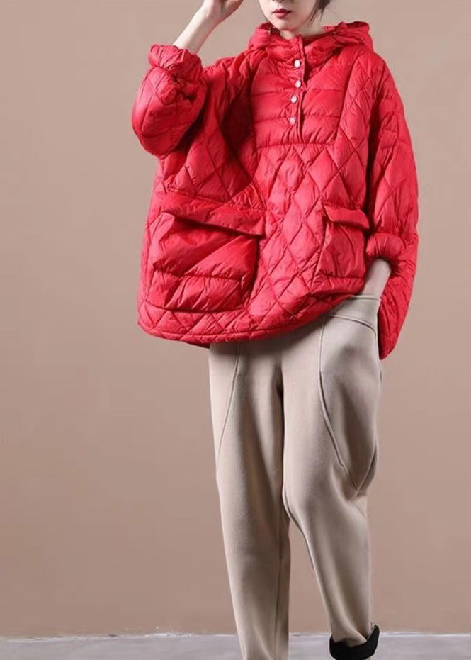 women plus size clothing down jacket hooded red pockets goose Down jacket - - DYAVOR®