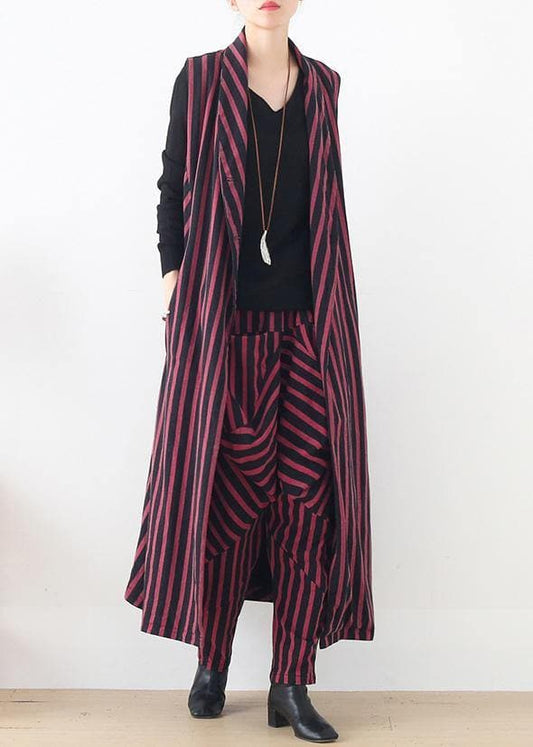 spring women fashion sleeveless cardigans and casual pant red striped two pieces - Trench coats - DYAVOR®
