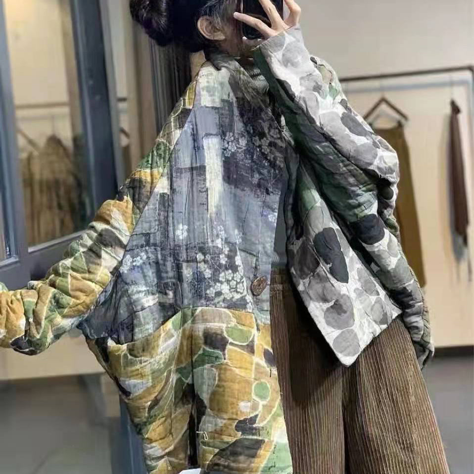 thick prints outwear plus size clothing snow jackets patchwork v neck overcoat - - DYAVOR®