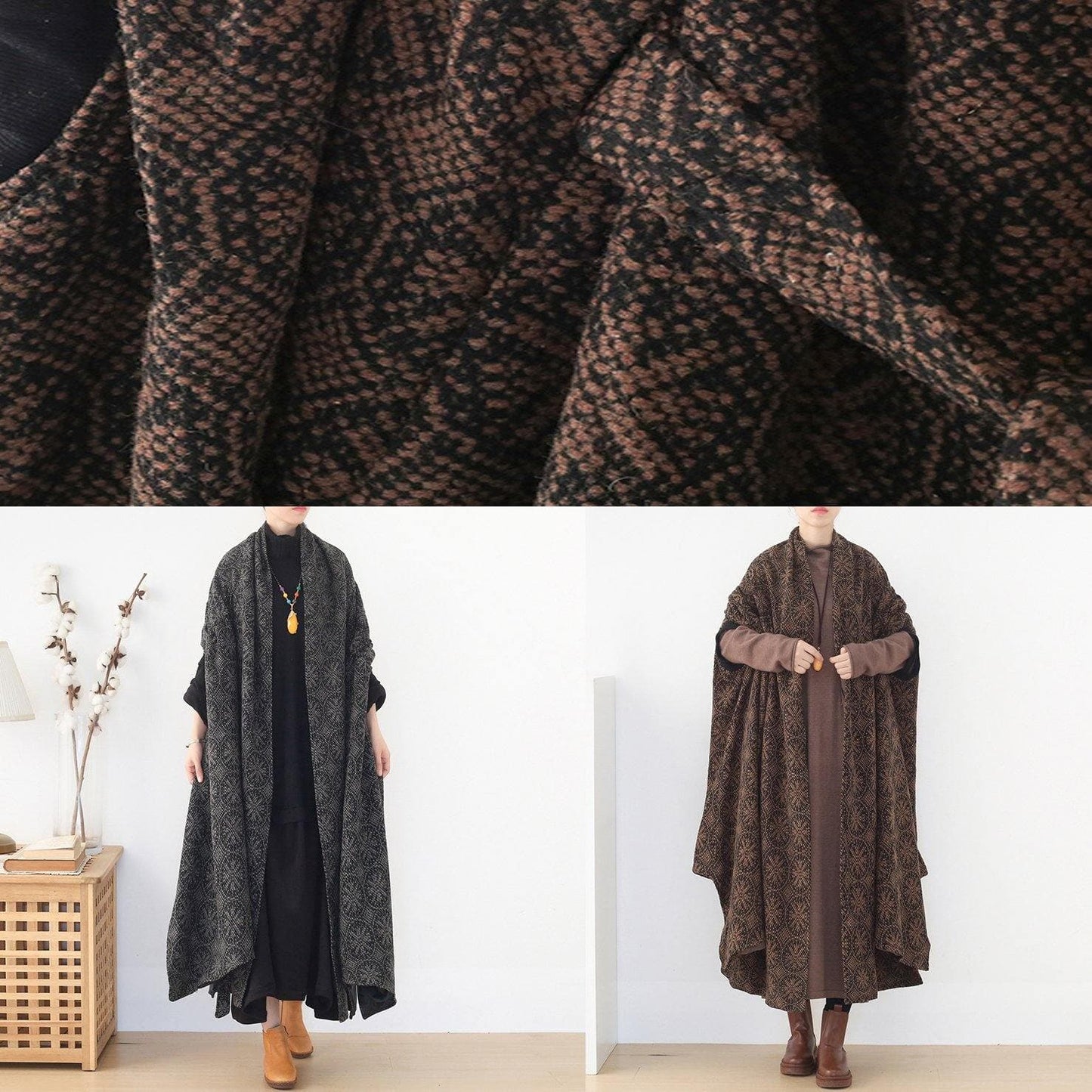 plus size Jackets & Coats cloak coatgrayv neck woolen outwear - Trench coats - DYAVOR®