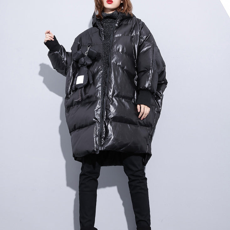 fine black down jacket plus size hooded cotton coat Elegant zippered pockets over coat - - DYAVOR®