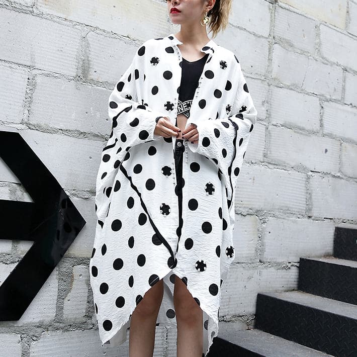 fine white cotton dotted prints thin cardigans oversized linen batwing sleeve trench coat stand collar coats - - DYAVOR®
