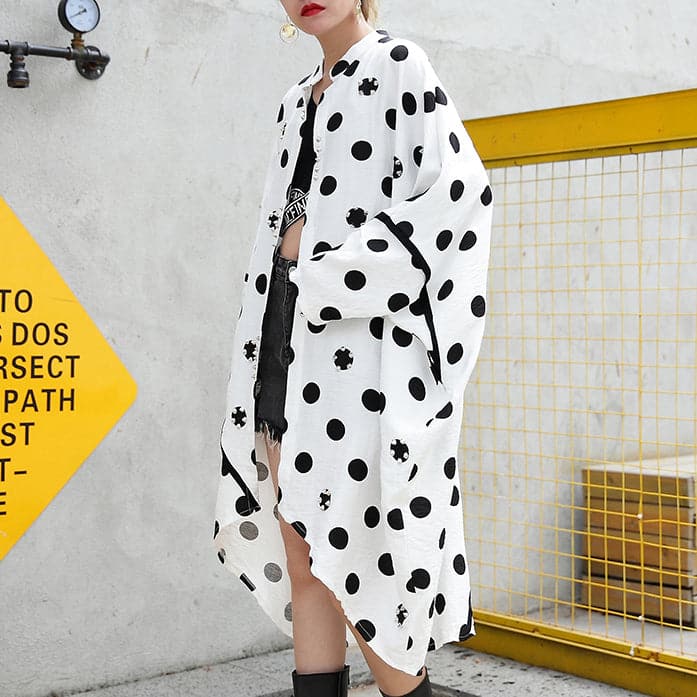 fine white cotton dotted prints thin cardigans oversized linen batwing sleeve trench coat stand collar coats - - DYAVOR®