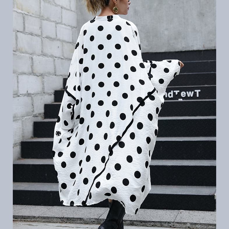 fine white cotton dotted prints thin cardigans oversized linen batwing sleeve trench coat stand collar coats - - DYAVOR®