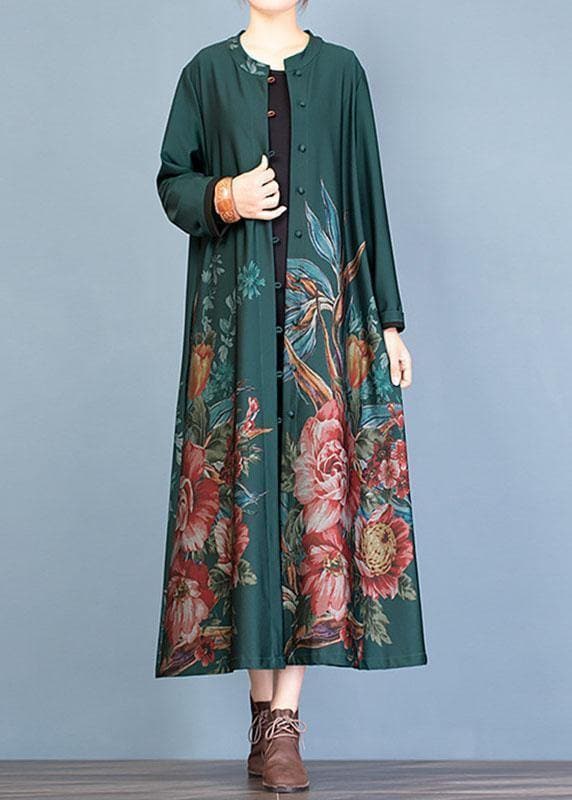 vintage green prints Coat Women oversize long coat fall trench coats o neck - - DYAVOR®