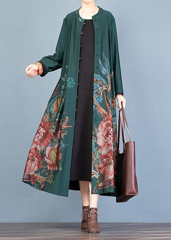vintage green prints Coat Women oversize long coat fall trench coats o neck - - DYAVOR®