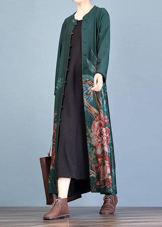 vintage green prints Coat Women oversize long coat fall trench coats o neck - - DYAVOR®