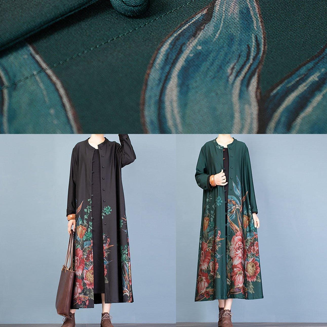 vintage green prints Coat Women oversize long coat fall trench coats o neck - - DYAVOR®