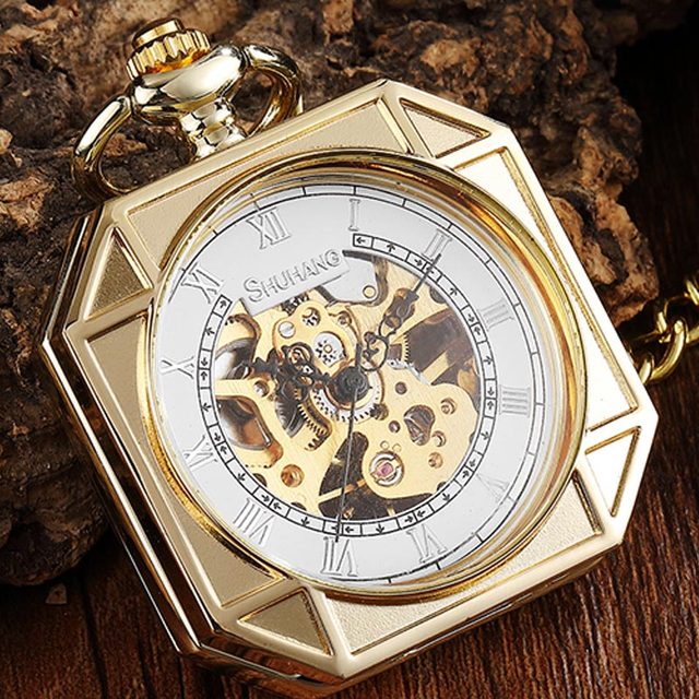 Vintage Unisex Gold Skeleton Square Hand Wind Mechanical Pocket FOB Watch - Unisex Style Watches - DYAVOR®