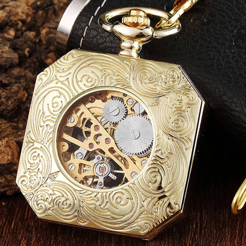 Vintage Unisex Gold Skeleton Square Hand Wind Mechanical Pocket FOB Watch - Unisex Style Watches - DYAVOR®