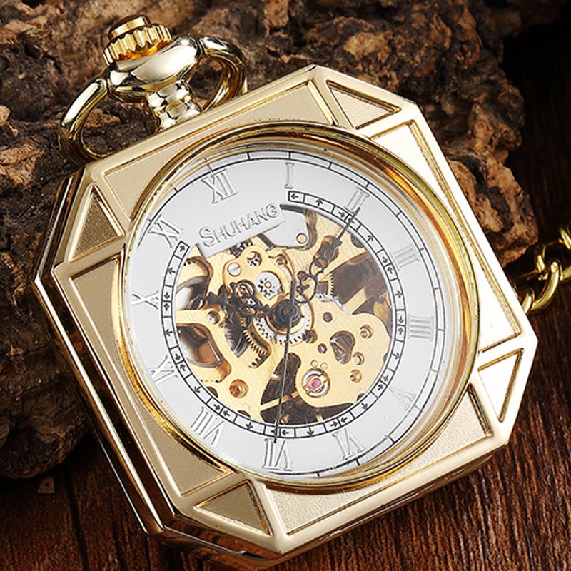 Vintage Unisex Gold Skeleton Square Hand Wind Mechanical Pocket FOB Watch - Unisex Style Watches - DYAVOR®
