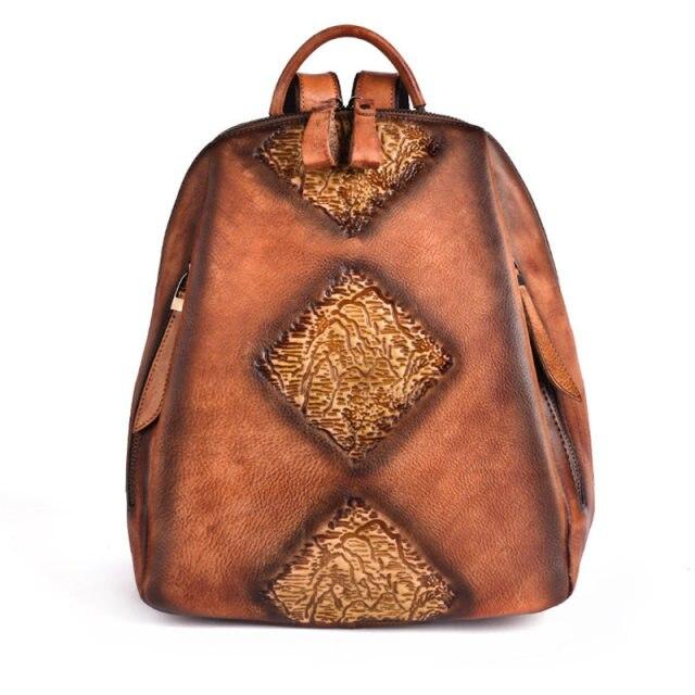 Vintage Women's Embossed Pattern Solid Genuine Leather Travel Backpack - Backpacks - DYAVOR®