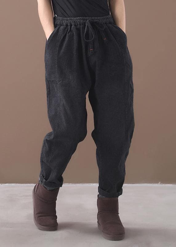 winter new denim black loose pants drawstring thick women trousers - - DYAVOR®