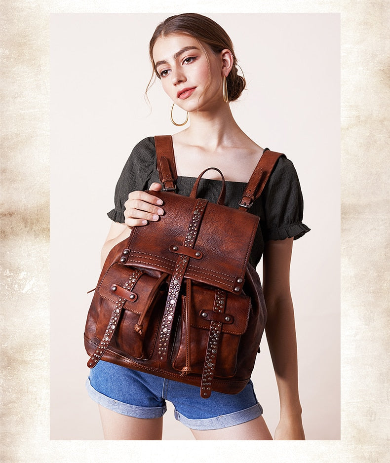 Women's Soft Top Layer Cowhide Handmade Rivet Decor Travel Backpacks - Backpacks - DYAVOR®