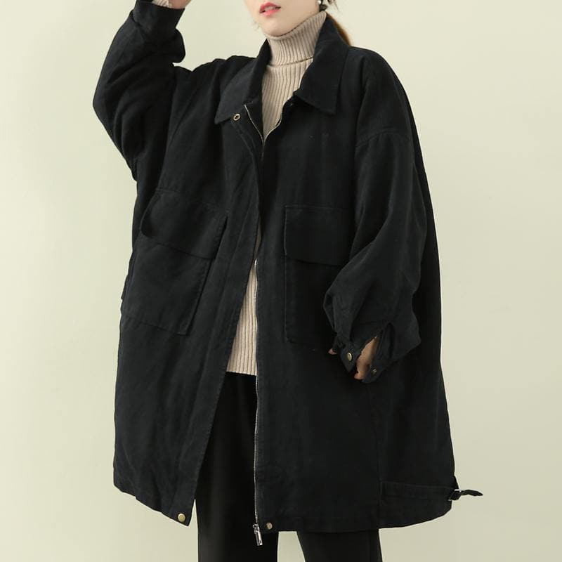 women casual warm winter coat black lapel zippered coat - Trench coats - DYAVOR®