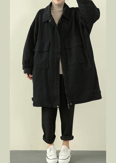 women casual warm winter coat black lapel zippered coat - Trench coats - DYAVOR®