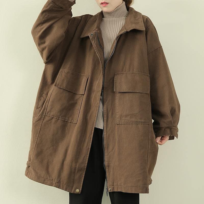 women casual warm winter coat black lapel zippered coat - Trench coats - DYAVOR®