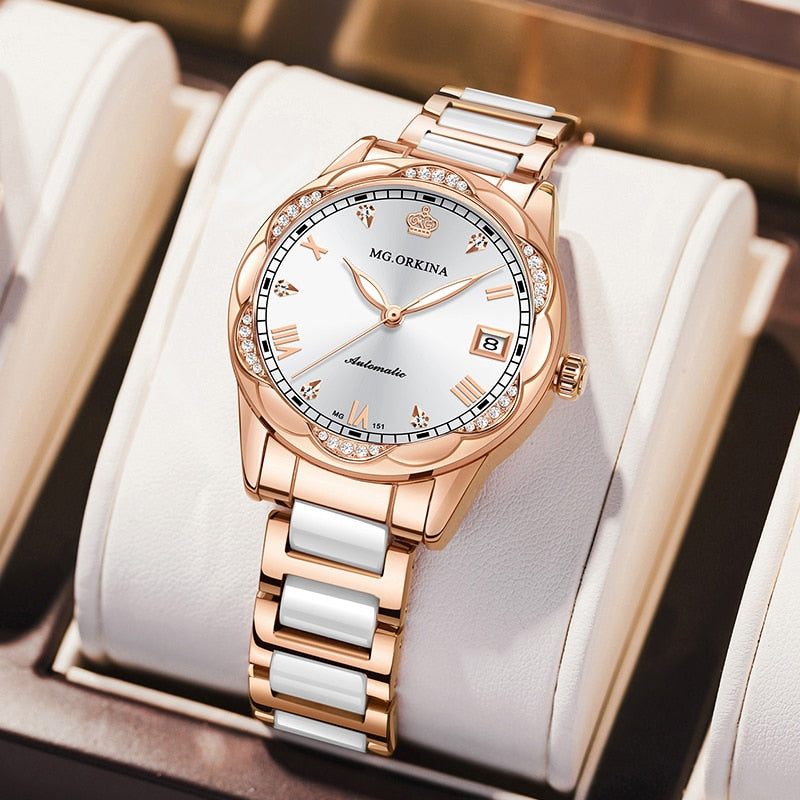 Women Ceramics Automatic Mechanical Calendar Shock Resistant Wristwatch - Watches for Women - DYAVOR®