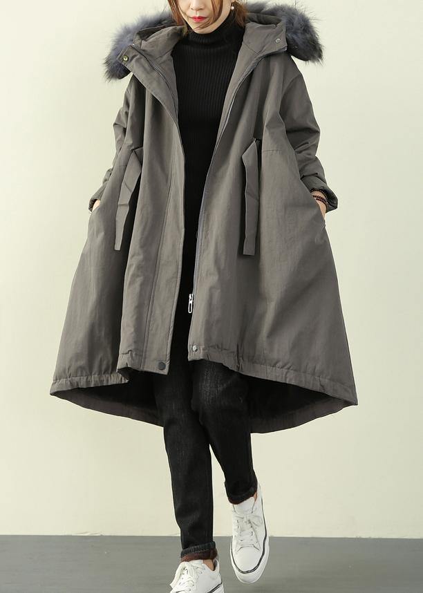 women gray winter outwear casual hooded faux fur collar outwear - Down Jackets - DYAVOR®