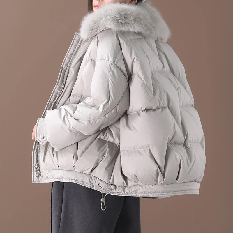women light gray down jacket oversize down jacket fur collar drawstring Luxury coats - - DYAVOR®
