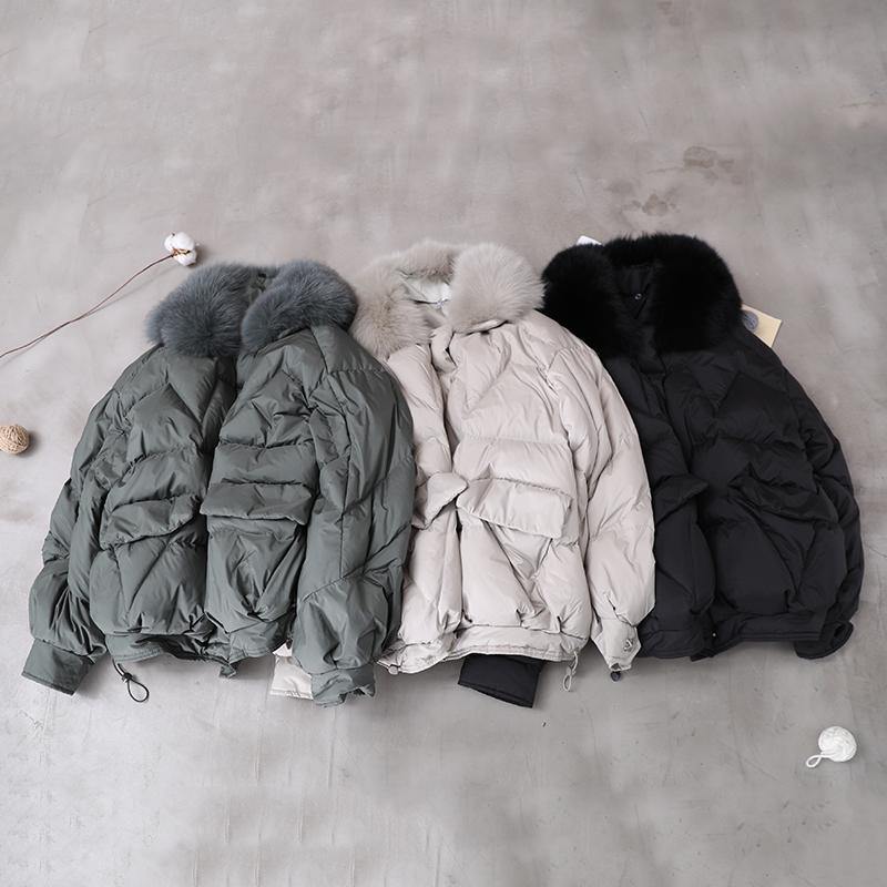 women light gray down jacket oversize down jacket fur collar drawstring Luxury coats - - DYAVOR®