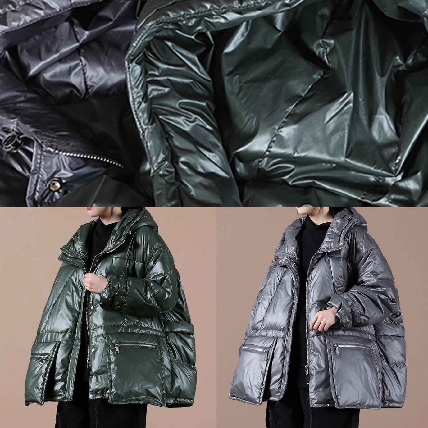 women oversize winter jacket coats blackish green hooded zippered down coat - Down Jackets - DYAVOR®