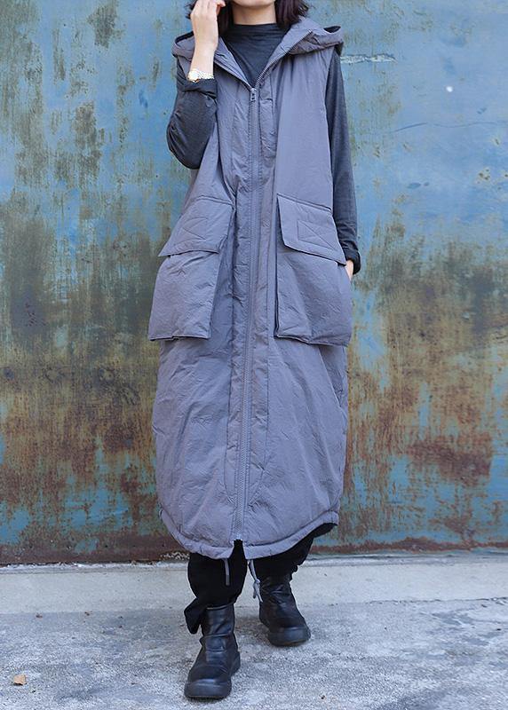 women plus size clothing winter jacket stand collar coats dark gray hooded sleeveless coats - - DYAVOR®