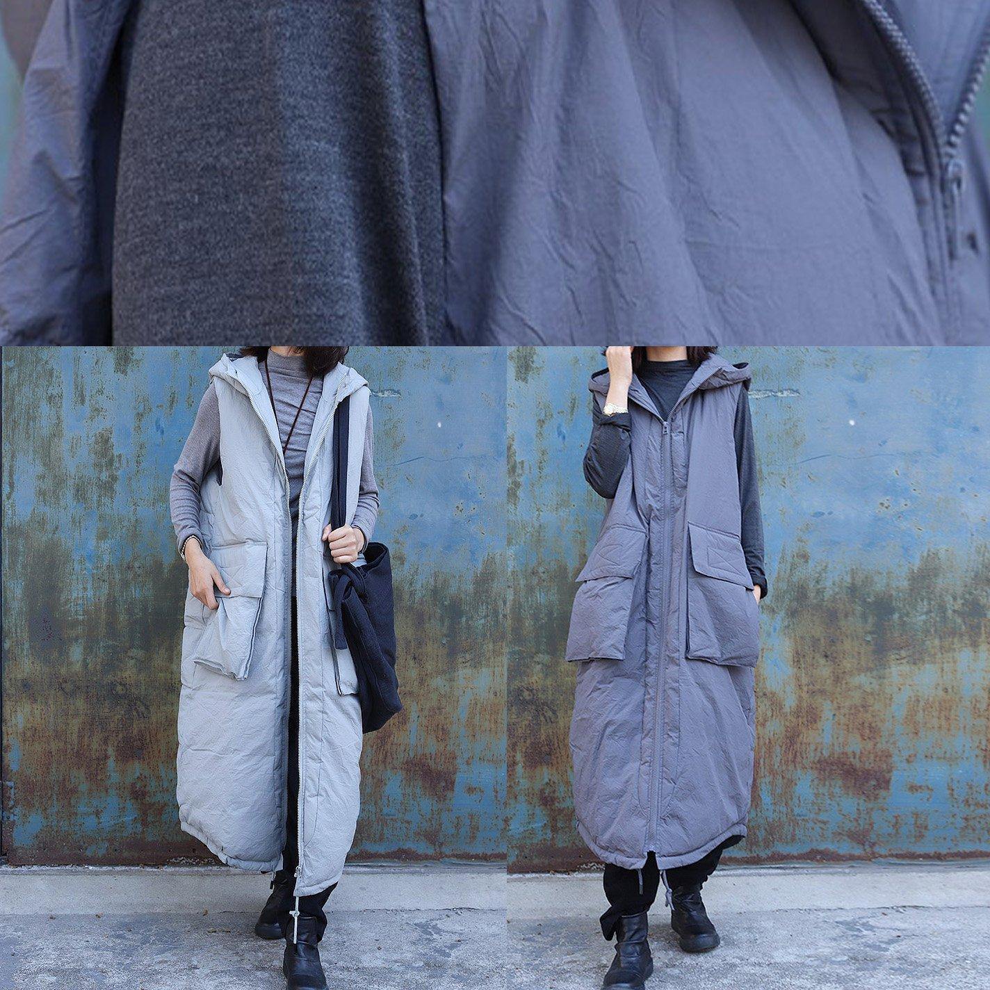 women plus size clothing winter jacket stand collar coats dark gray hooded sleeveless coats - - DYAVOR®