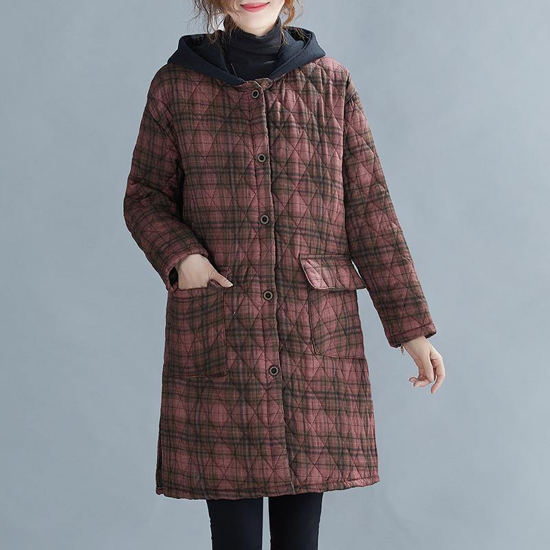 women red plaid coat plus size Coats hooded pockets overcoat - - DYAVOR®
