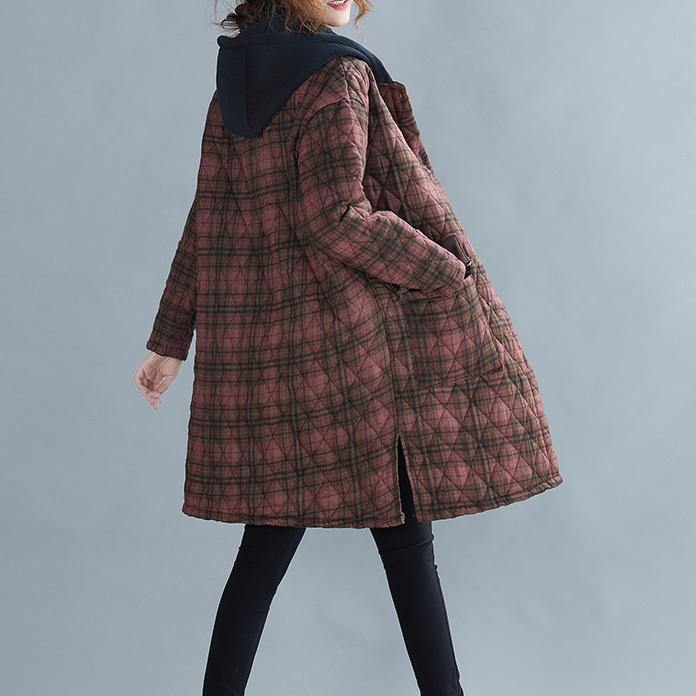 women red plaid coat plus size Coats hooded pockets overcoat - - DYAVOR®