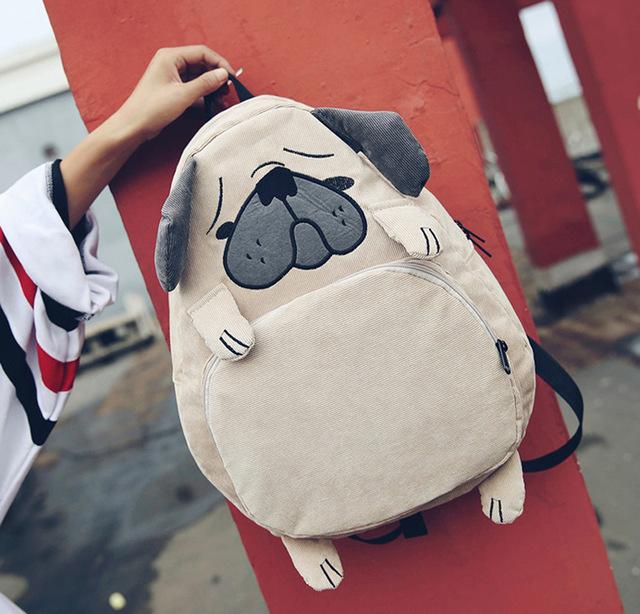 Women's Canvas Cute Dog Fox Ear Embroidery Corduroy Backpack Schoolbag - Backpacks - DYAVOR®